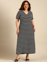 Ribbed Black-White Striped Dress