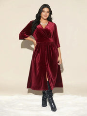 “Burgundy Velvet Wrap Midi Dress”