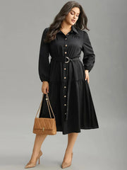 “Elegant Black Button-Down Belted Midi Dress”