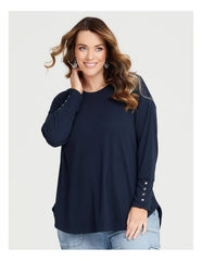 Navy Long Sleeve Button Cuff Top