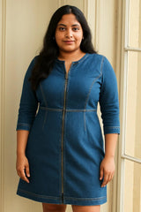 Sosandar Blue Zip Front Collarless Denim Dress