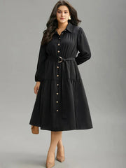 “Elegant Black Button-Down Belted Midi Dress”