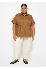 Drawstring Waist Short Sleeve Cotton Shirt