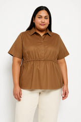 Drawstring Waist Short Sleeve Cotton Shirt