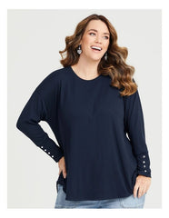 Navy Long Sleeve Button Cuff Top