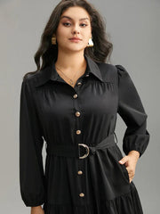 “Elegant Black Button-Down Belted Midi Dress”