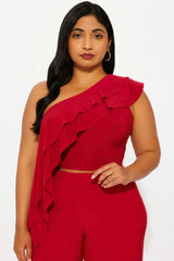 Elegant Scarlet One-Shoulder Ruffle Jumpsuit