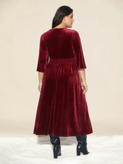 “Burgundy Velvet Wrap Midi Dress”