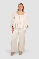 Flowy Beige Peplum Top & Wide-Leg Pants Co-ord Set