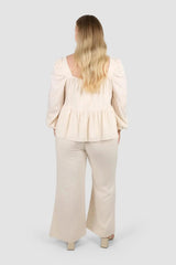 Flowy Beige Peplum Top & Wide-Leg Pants Co-ord Set