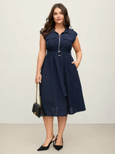 “Elegant Navy Belted Zip-Front Midi Dress”