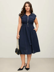 “Elegant Navy Belted Zip-Front Midi Dress”