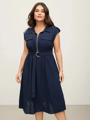 “Elegant Navy Belted Zip-Front Midi Dress”