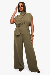Olive Green Draped Co-ord Set with Tie Waist