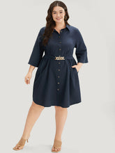 “Elegant Navy Blue Shirt Dress with Statement Belt”