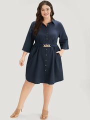“Elegant Navy Blue Shirt Dress with Statement Belt”