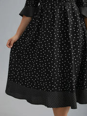 Black Polka Dot Midi Dress with Ruffle Sleeves