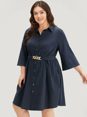 “Elegant Navy Blue Shirt Dress with Statement Belt”