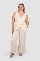 Chic Beige Asymmetrical Buttoned Top & Wide-Leg Pants Set