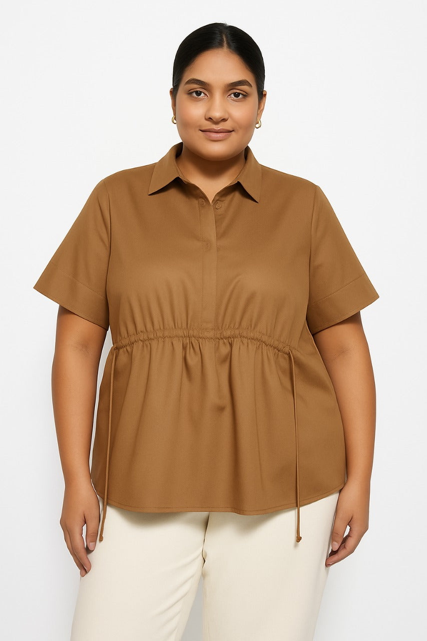 Drawstring Waist Short Sleeve Cotton Shirt