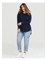 Navy Long Sleeve Button Cuff Top