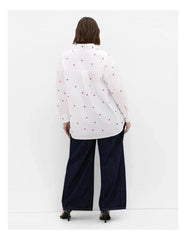White Button-Down Shirt with Red Heart Embroidery