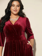 “Burgundy Velvet Wrap Midi Dress”