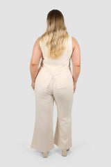 Chic Beige Asymmetrical Buttoned Top & Wide-Leg Pants Set