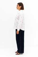 White Button-Down Shirt with Red Heart Embroidery