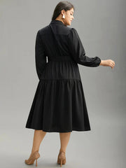 “Elegant Black Button-Down Belted Midi Dress”