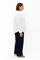 White Button-Down Shirt with Red Heart Embroidery