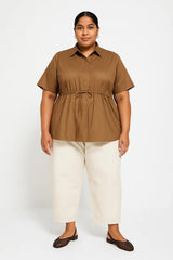 Drawstring Waist Short Sleeve Cotton Shirt