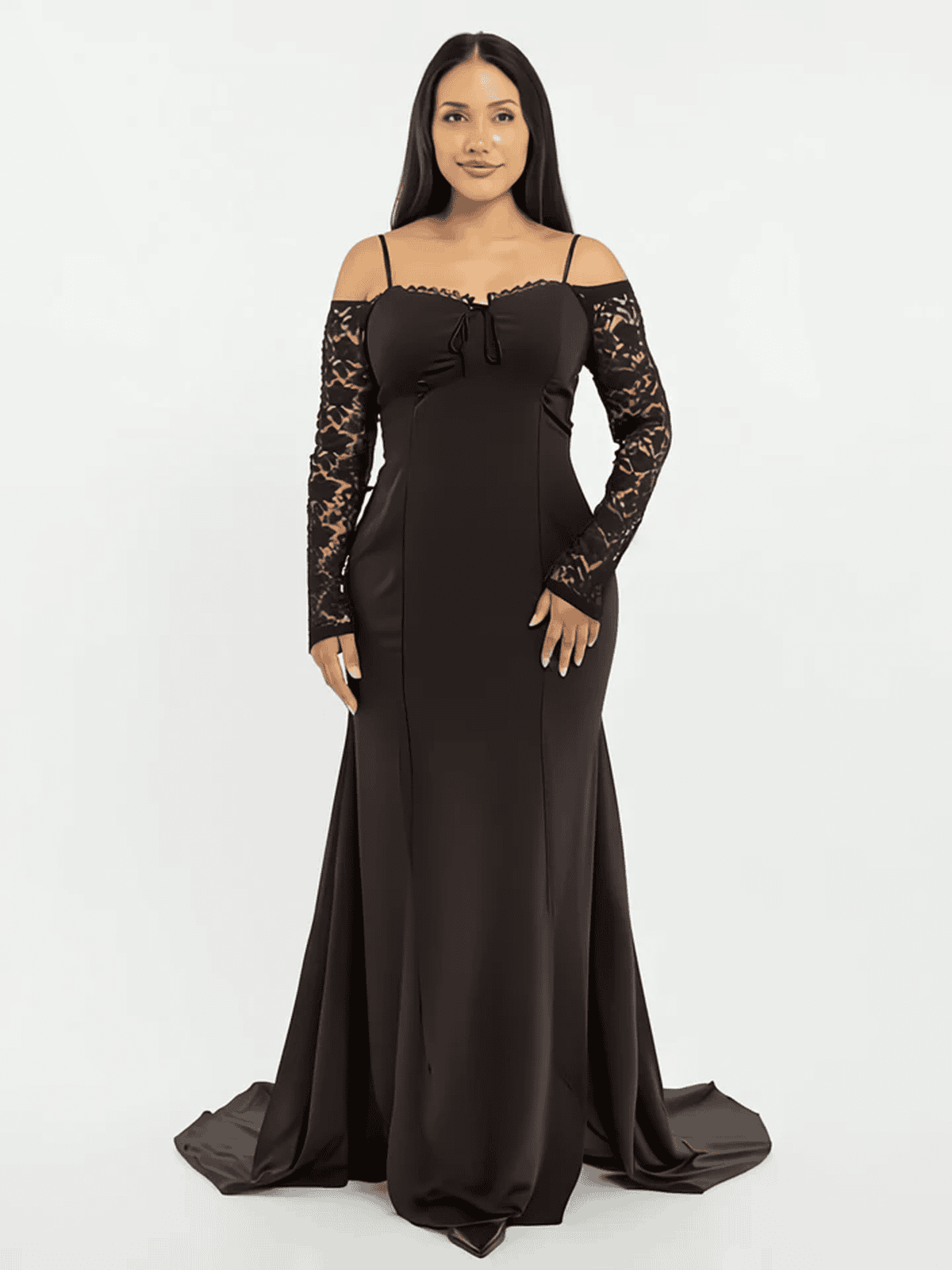 “Elegant Black Satin Gown with Lace Sleeves”