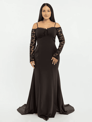 “Elegant Black Satin Gown with Lace Sleeves”