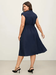 “Elegant Navy Belted Zip-Front Midi Dress”
