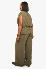 Olive Green Draped Co-ord Set with Tie Waist