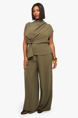 Olive Green Draped Co-ord Set with Tie Waist