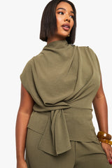 Olive Green Draped Co-ord Set with Tie Waist