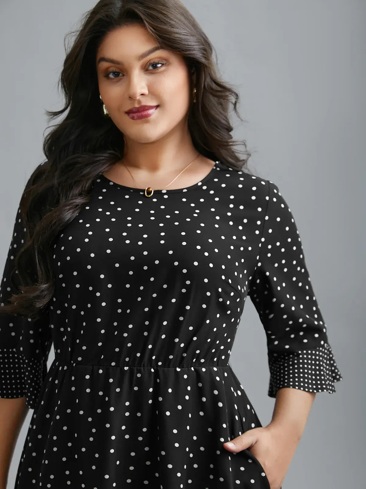 Black Polka Dot Midi Dress with Ruffle Sleeves
