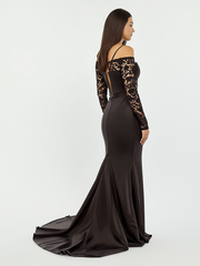 “Elegant Black Satin Gown with Lace Sleeves”