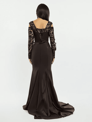 “Elegant Black Satin Gown with Lace Sleeves”