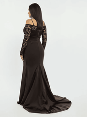 “Elegant Black Satin Gown with Lace Sleeves”